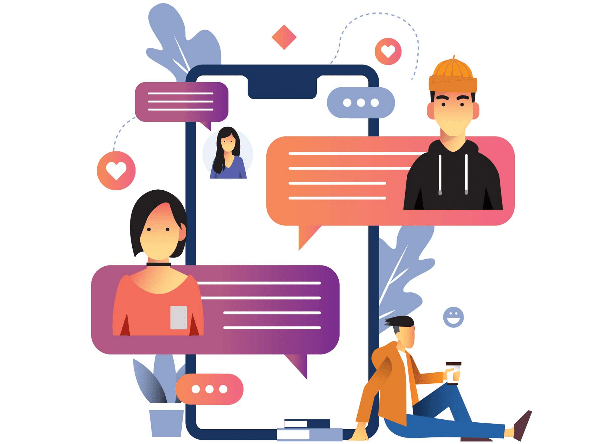 Stylized drawing of a group chat where people are talking and building relationship